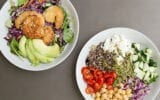 Fresh vegetable bowls and chicken salad