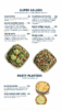 Menu page titled 'SUPER SALADS' with item names and prices, plus two salad bowls and a 'Party Platters' section with chips and dips image below.